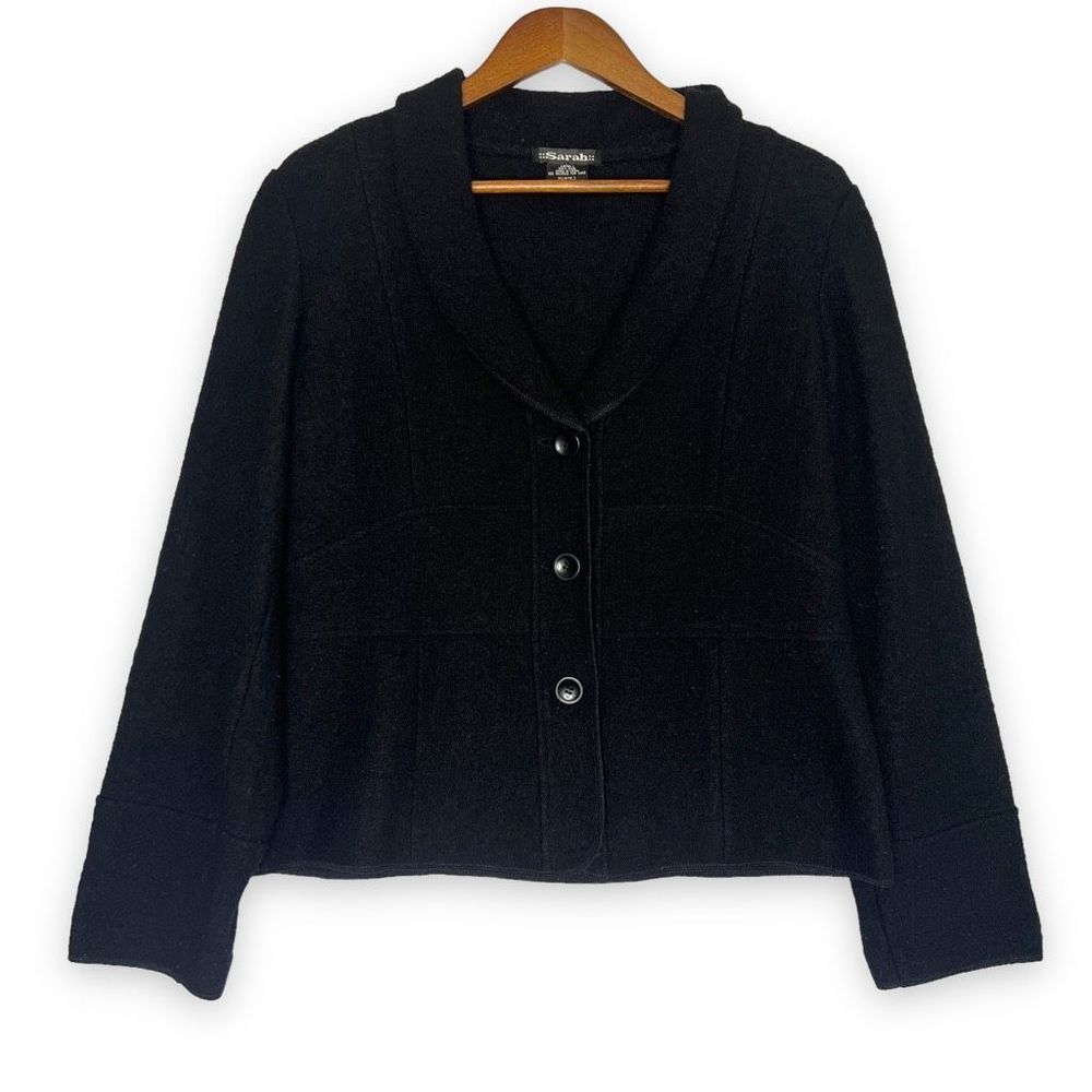 Sarah Black Button Front Padded Shoulder Wool Blazer Jacket Coat Large